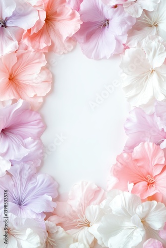 Romantic flower frame with airy petal arrangement and gentle tones