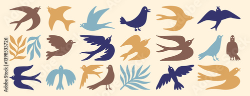 spring birds modern art simple silhouette set. boho flying birds clipart cartoon art. 