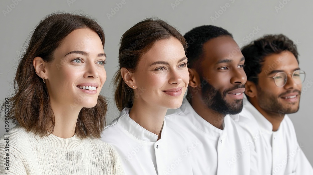 A diverse team of smiling professionals looks towards a brighter future, united and hopeful. A diverse team of smiling professionals looks towards a brighter future, united and hopeful.