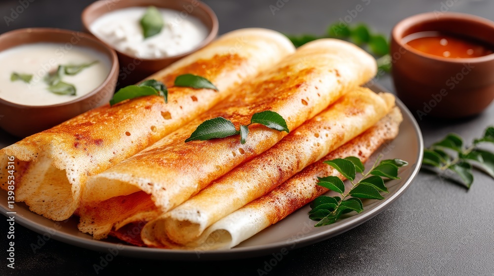 Enjoy vibrant South Indian dosa with rich coconut chutney and sambar in clay bowls, beautifully garnished with fresh curry leaves. Traditional cuisine at its best! Enjoy vibrant South Indian dosa with rich coconut chutney and sambar in clay bowls, beautifully garnished with fresh curry leaves. Traditional cuisine at its best!