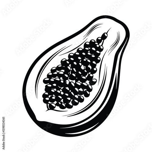 Black and White Papaya Slice Minimalist Fruit Design with Seeds Detail