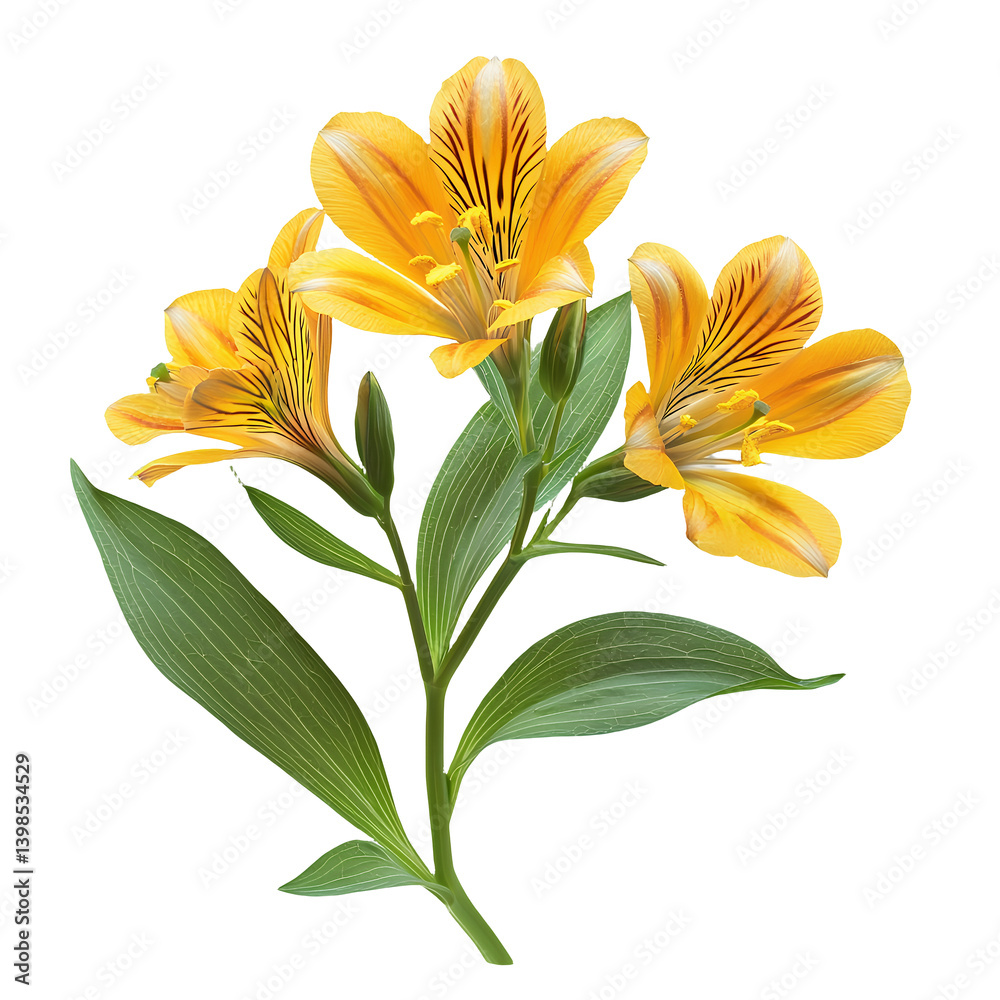 Obraz premium a yellow lily with green leaves and buds on a transparent background, PNG image, PNG file, Generative art.