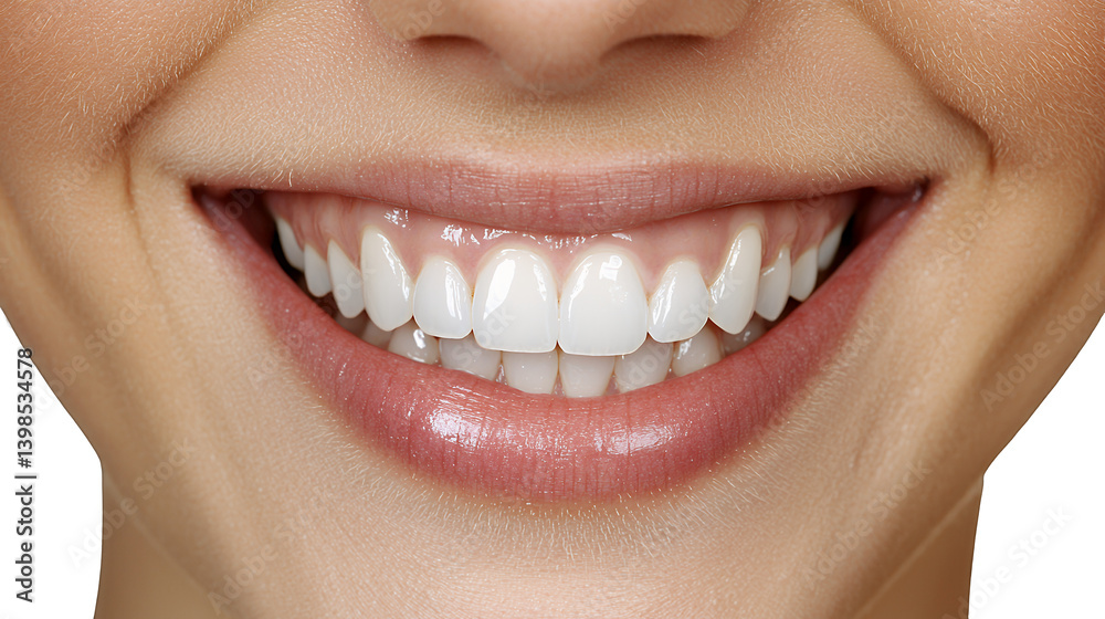 Obraz premium close up of a female mouth smiling with white teeth on a transparent background, PNG image, PNG file, Generative art.