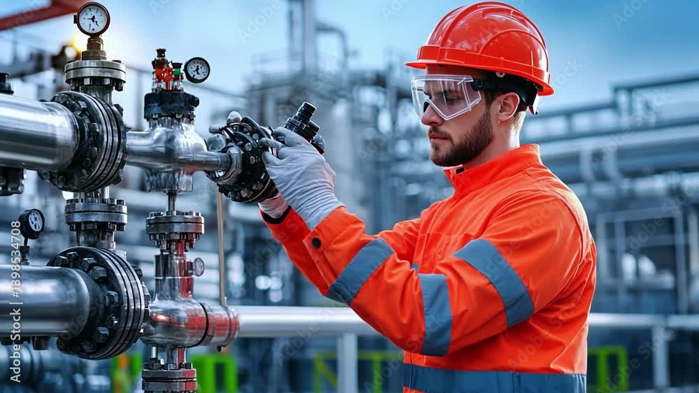 Industry Professional: A dedicated worker diligently inspects machinery, their face focused and determined as they ensure optimal operations in a complex industrial setting.