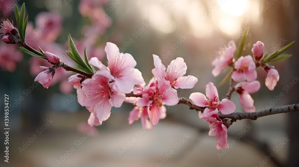 Obraz premium Pale pink blossoms are illuminated by the warm glow of sunset, creating a serene atmosphere. The blurred golden background enhances the peaceful garden ambiance