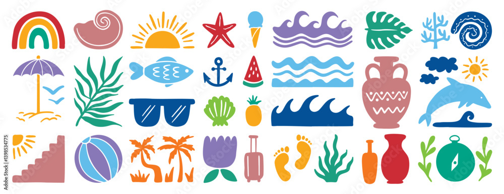 retro groovy boho geometric summer surf beach or palm tree set. beach elements hand drawn cartoon doodle signs retro groovy boho geometric summer surf beach or palm tree set. beach elements hand drawn cartoon doodle signs