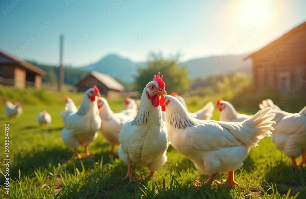 Fototapeta premium White chickens graze on green grass in countryside. Free range birds with red crests walk outdoors in the sun. Poultry farm, agriculture. Sustainable organic food production, eco concept.