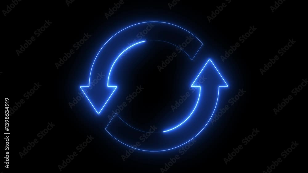 Neon line refresh arrow icon on black background. Abstract beautiful neon refresh and recycle icon animation background
