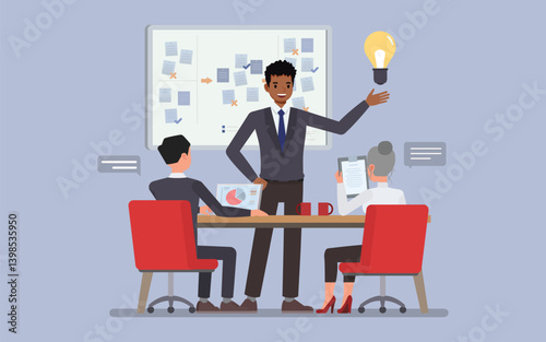 Entrepreneurship concept. Businessman wear blue suit presenting their startup idea to a small team in a modern co-working space. Character vector illustration design.