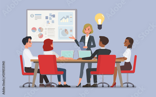 Entrepreneurship concept. Businesswoman wear blue suit presenting their startup idea to a small team in a modern co-working space. Character vector illustration design.