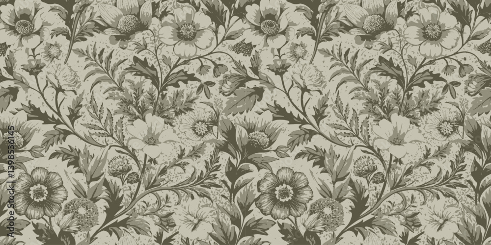 Elegant floral patterned background in muted green and cream tones. Elegant floral patterned background in muted green and cream tones.