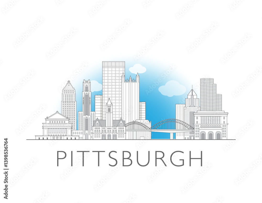 Naklejka premium Pittsburgh, Pennsylvania cityscape illustration skyline drawing