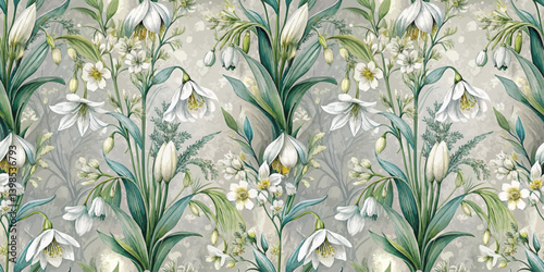 Elegant floral pattern featuring white snowdrops and delicate blooms.