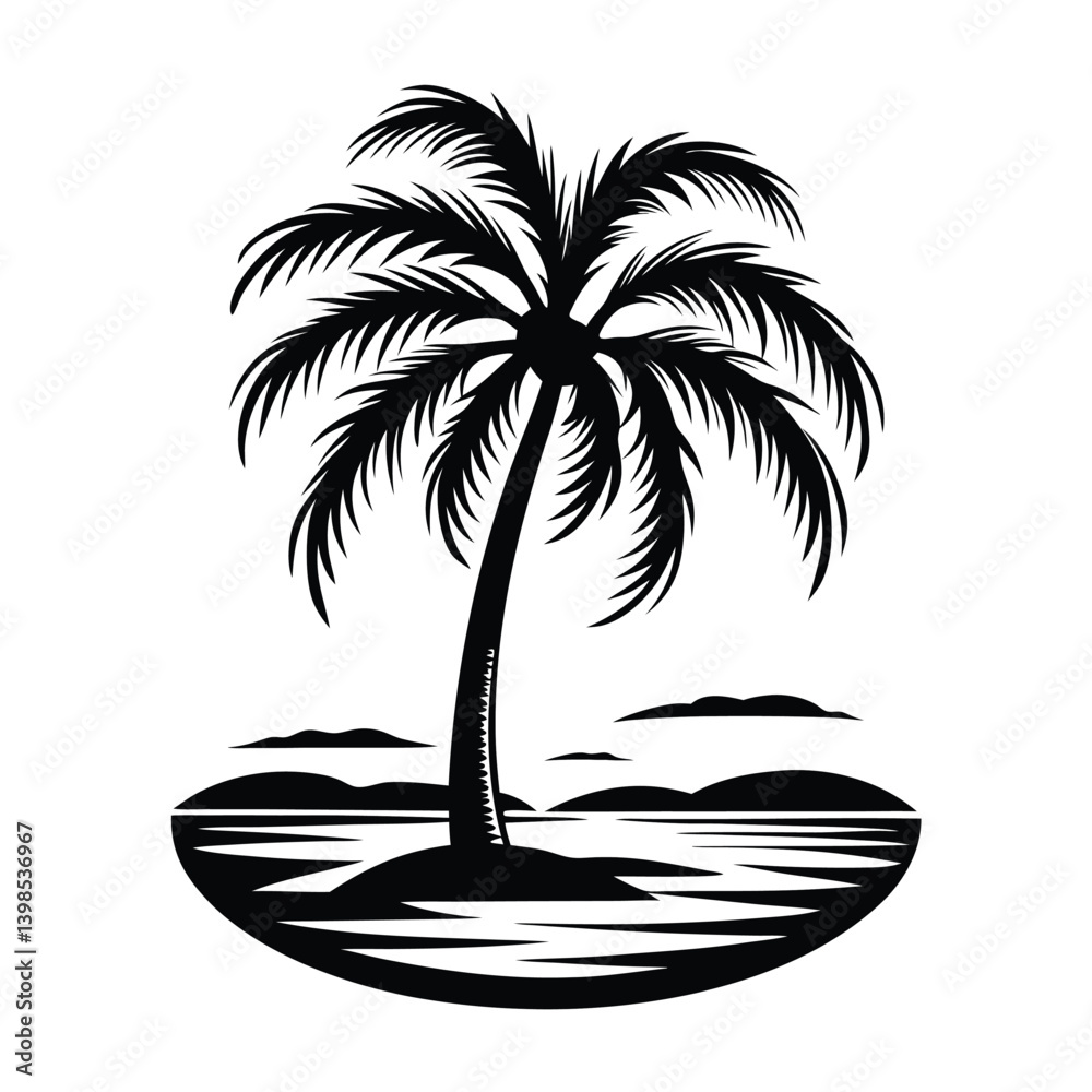 Fototapeta premium Black Palm Tree Silhouette on Island with Wave, Isolated on White Background