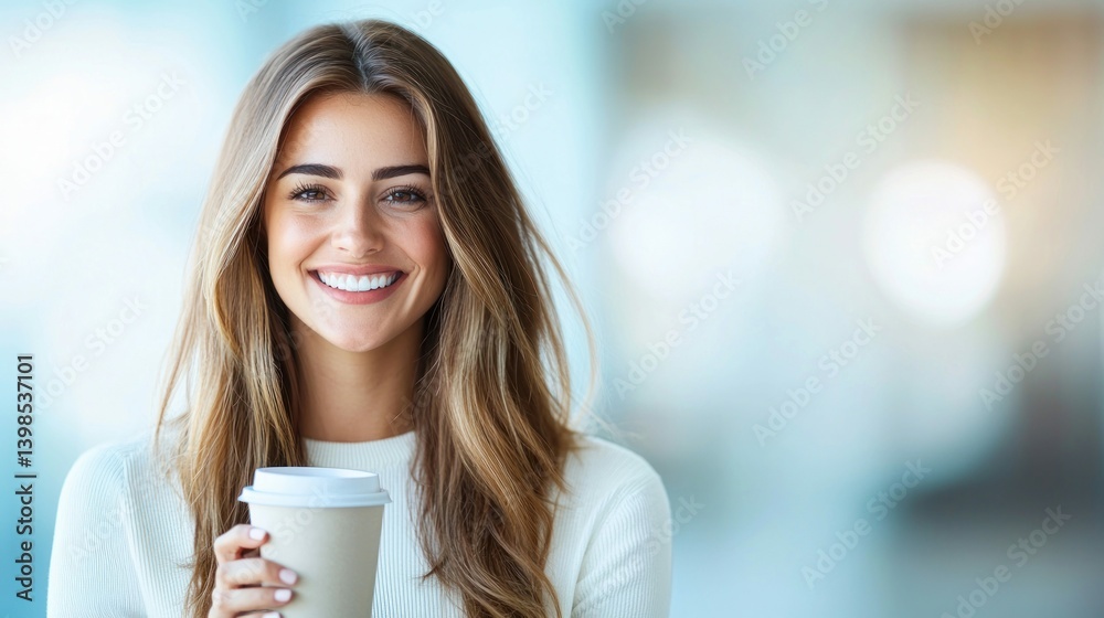 Portrait of a smiling woman holding coffee, radiating warmth and positivity in a bright setting. Portrait of a smiling woman holding coffee, radiating warmth and positivity in a bright setting.