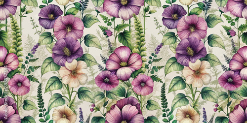Vibrant purple and cream floral pattern with lush green leaves
