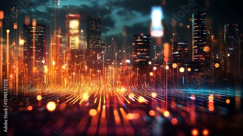 A futuristic soundwave landscape, metallic notes shimmering, with a cyberpunk city skyline glowing in the background.