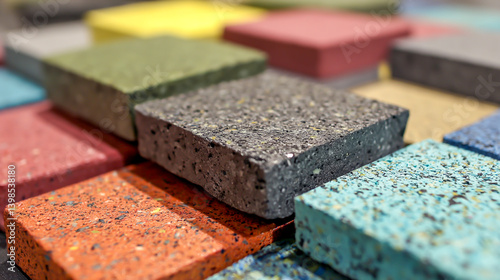 Colorful flooring tiles made from recycled rubber crumbs, derived from repurposed car tires, offering eco-friendly and durable surface solutions.