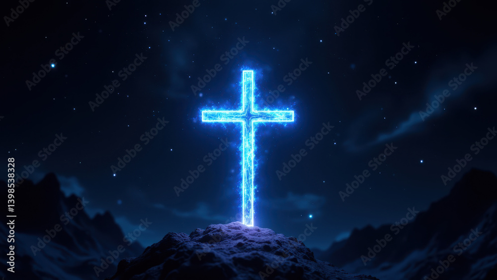 Naklejka premium A striking digital illustration featuring a glowing cross against a dark space background with stars and floating rocks.