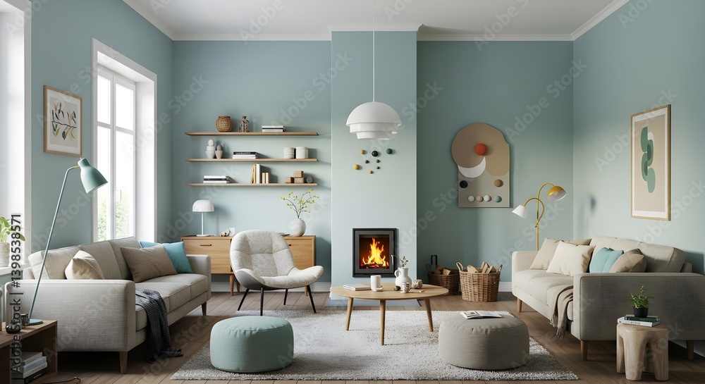 Fototapeta premium Modern Scandinavian living room interior with stylish furniture and cozy decor in a contemporary home