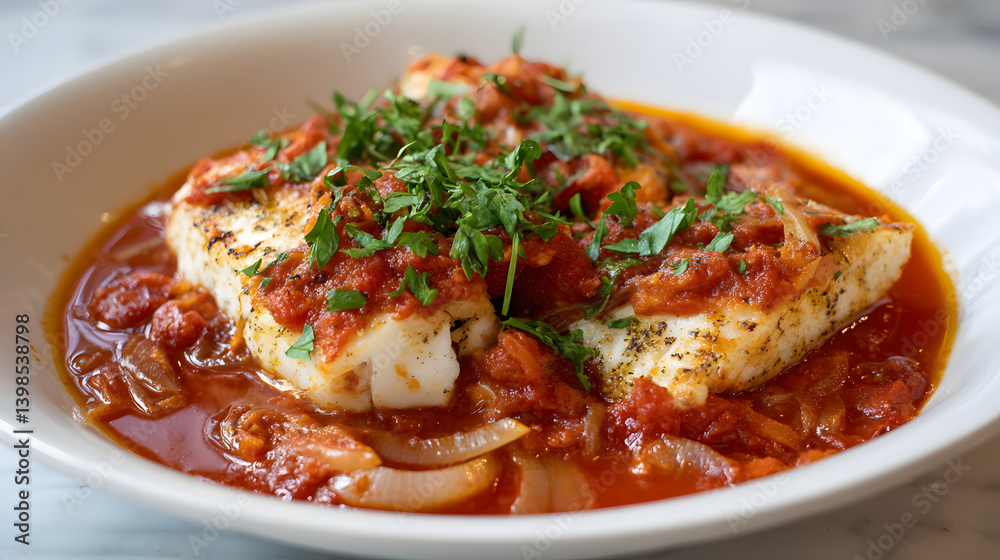 Baked Fish with Tomato Sauce and Fresh Herbs in a White Bowl