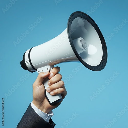 Close-up of a hand holding a white megaphone against a blue background.