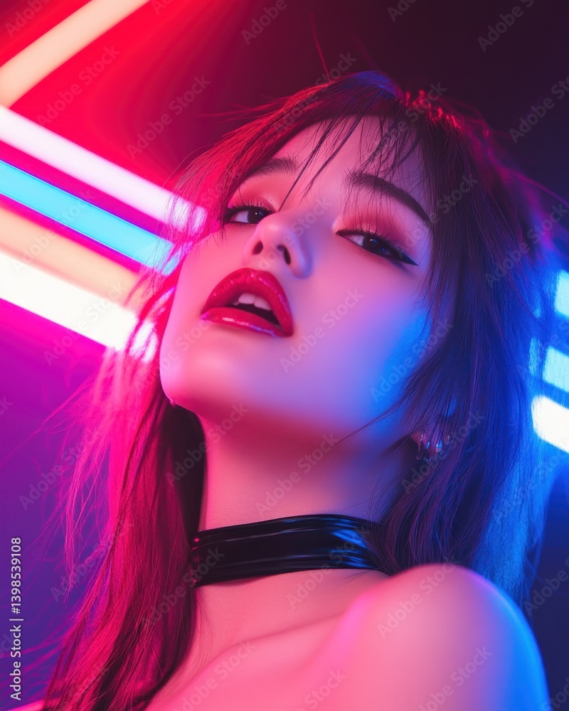 Fototapeta premium Attractive woman fashion portrait colorful neon lights