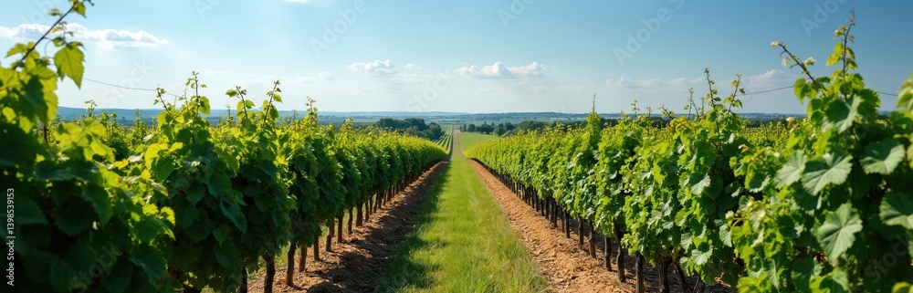 Vineyard rows in Medoc near Bordeaux. Green grape vines, blue sky. Agriculture industry in France, famous wine region. Travel destinations, winemaking, farming. Summer landscape with rural Vineyard rows in Medoc near Bordeaux. Green grape vines, blue sky. Agriculture industry in France, famous wine region. Travel destinations, winemaking, farming. Summer landscape with rural