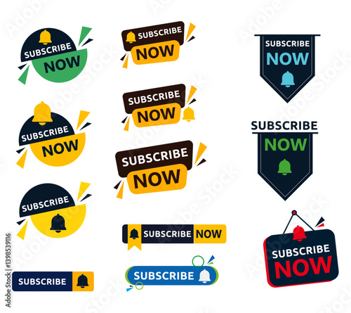 Subscribe buttons. Video channel interacting UI element with different design template, subscription logo design. Vector illustration online education subscriber and social media icon subscribing33.ai