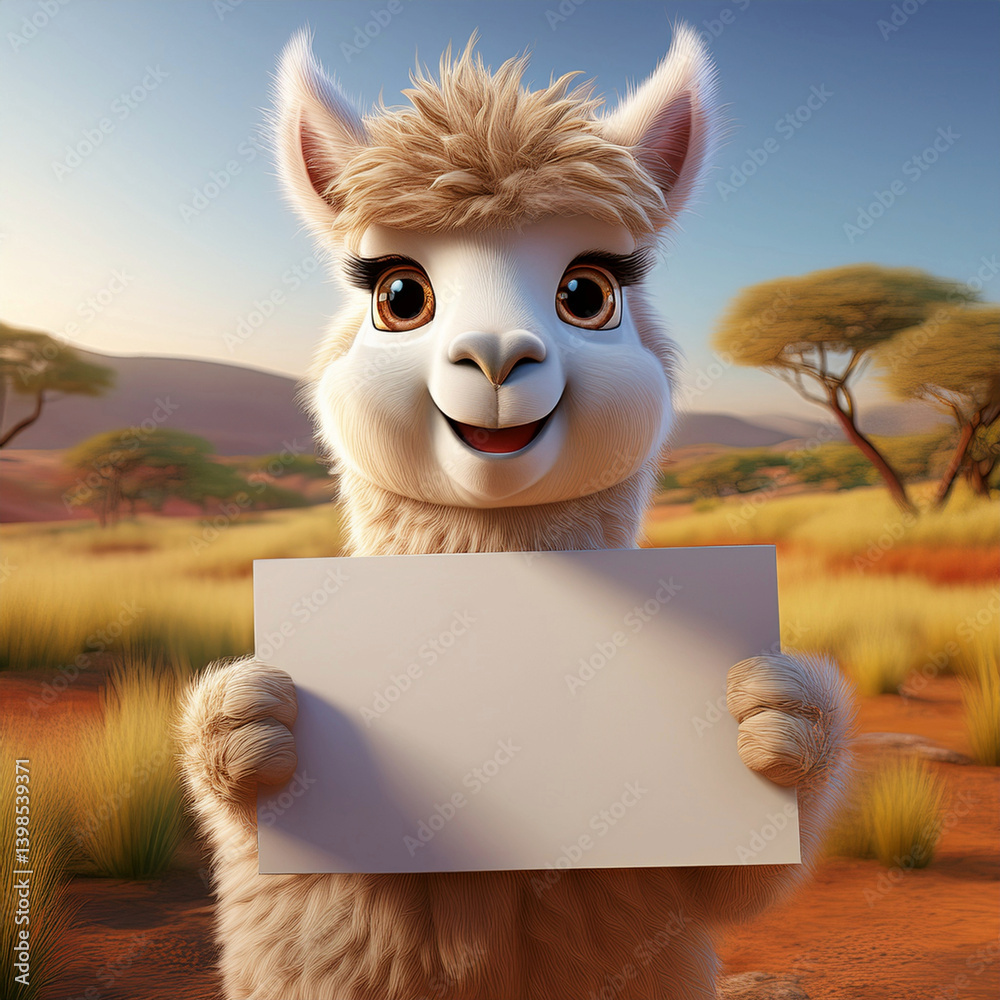Naklejka premium 3D niedliches Alpaka in der Savanne mit einem Werbeschild
