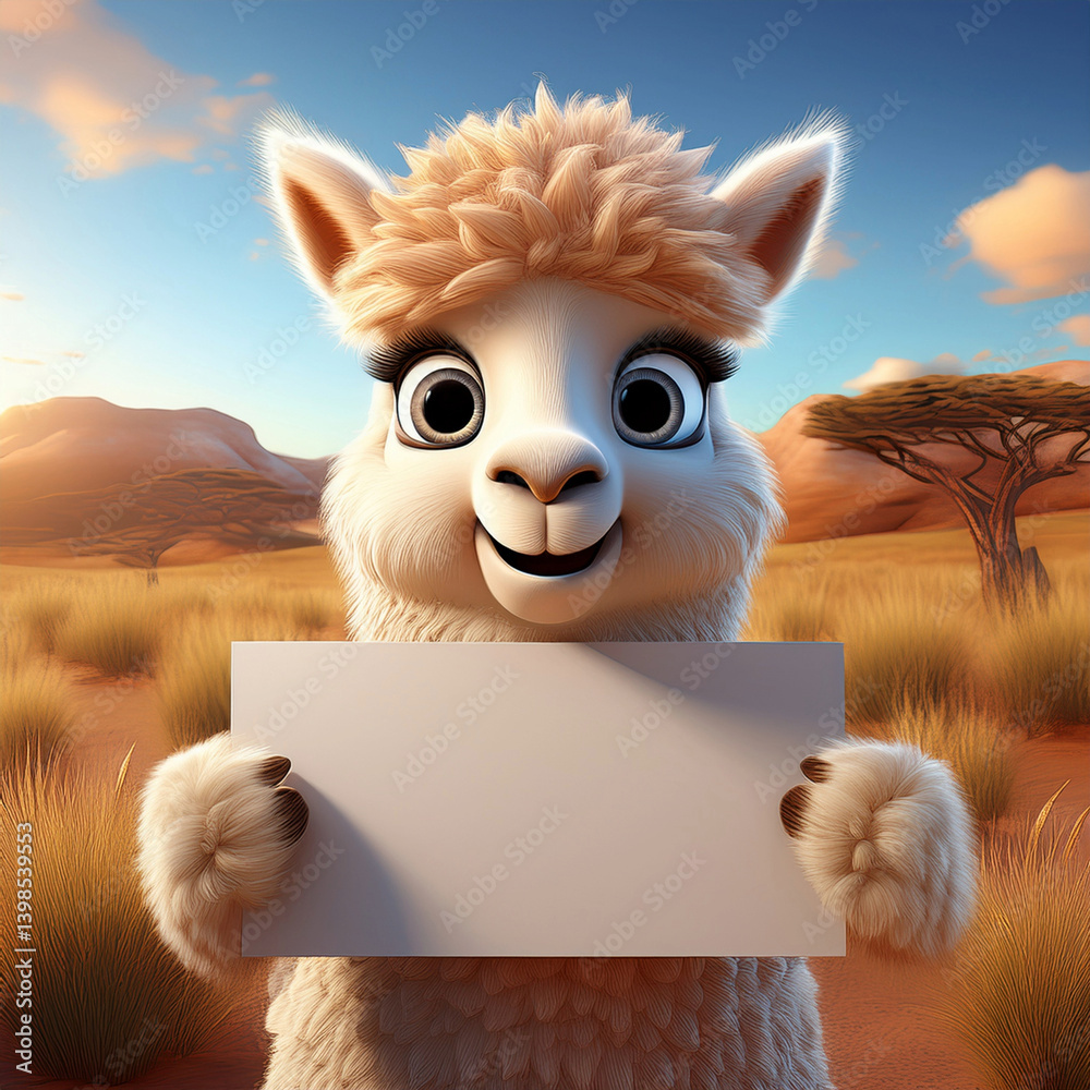 Naklejka premium 3D niedliches Alpaka in der Savanne mit einem Werbeschild