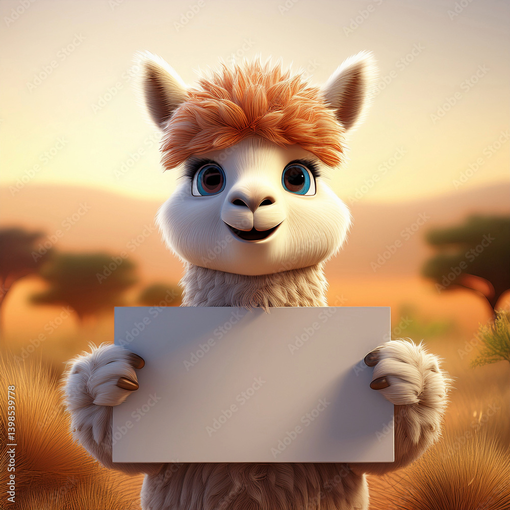 Naklejka premium 3D niedliches Alpaka in der Savanne mit einem Werbeschild