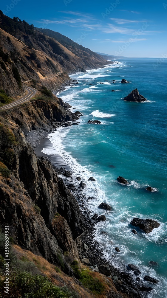 Fototapeta premium Coastal Serenity: A captivating view of the rugged coastline where the sea meets the shore, with gentle waves washing over the rocks.
