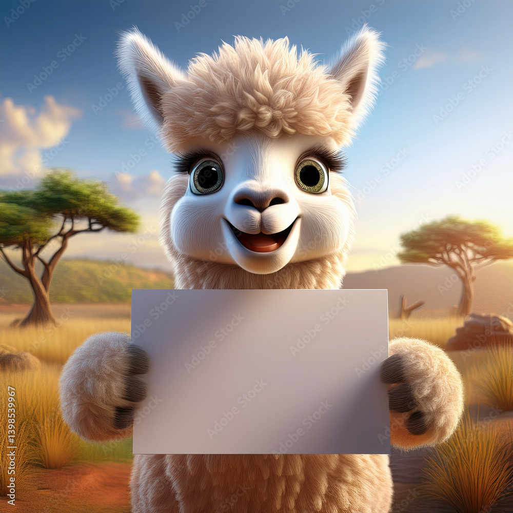 Fototapeta premium 3D niedliches Alpaka in der Savanne mit einem Werbeschild