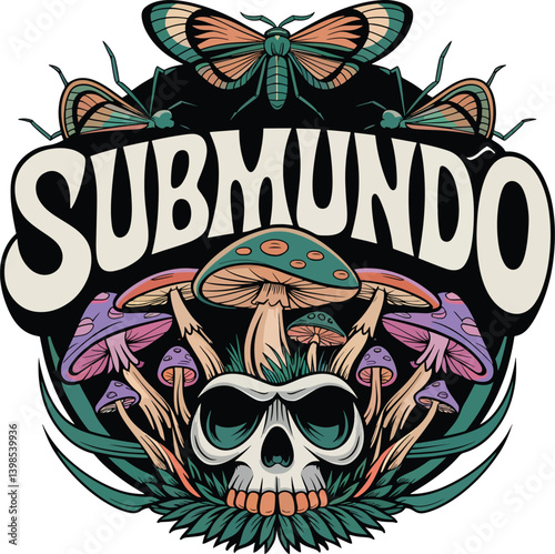 A SUBMUNDO skull with mushrooms and moss on it