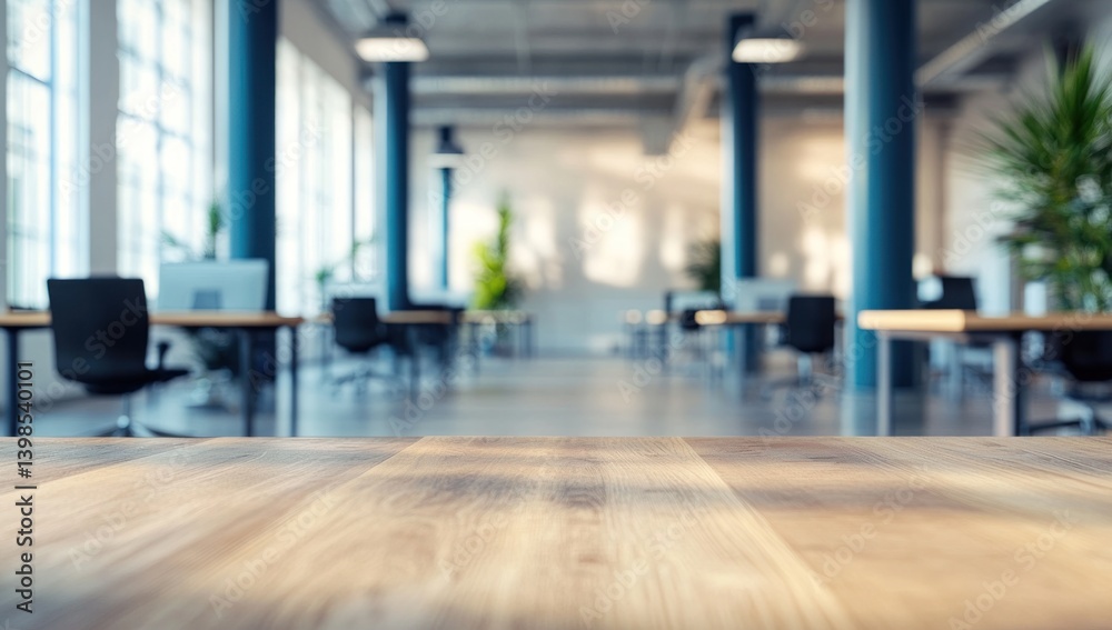 Modern Office Workspace: A Blurred Perspective of a Contemporary Open-Plan Office with Wooden Desk in Focus Modern Office Workspace: A Blurred Perspective of a Contemporary Open-Plan Office with Wooden Desk in Focus