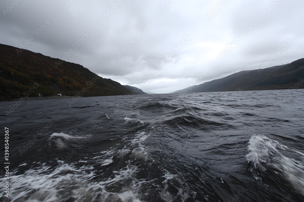 Turbulent Lake Under Cloudy Skies: The image captures a moody scene of a turbulent lake, its surface churned by strong winds beneath an overcast sky. Turbulent Lake Under Cloudy Skies: The image captures a moody scene of a turbulent lake, its surface churned by strong winds beneath an overcast sky.