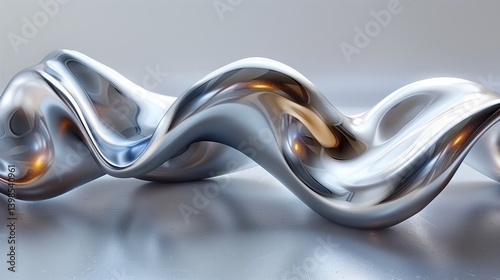 Abstract metallic sculpture resembling liquid metal or flowing aluminum, with smooth curves and reflective surface in a minimal setting.
