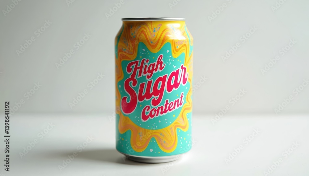 Brightly colored soda can with High Sugar Content text. Design has vibrant patterns, colors creating eye-catching effect. This carbonated drink ideal marketing campaign against sugar. Brightly colored soda can with High Sugar Content text. Design has vibrant patterns, colors creating eye-catching effect. This carbonated drink ideal marketing campaign against sugar.