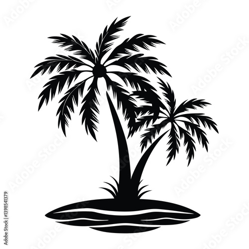 Black Silhouette of Tropical Palm Tree on Island with Waves Isolated
