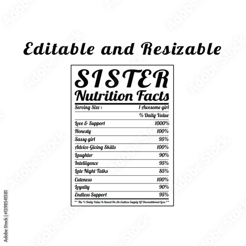 Sister Nutrition Facts Editable Label Printable Resizable Design for Gifts, Cards, Shirts