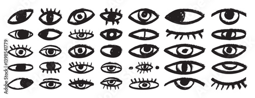 bizarre eyes hand drawn doodle brush set. Textured minimalistic grunge eyes rough collection 