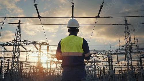 A worker in a safety vest and helmet observes power lines at sunset in an electrical substation.