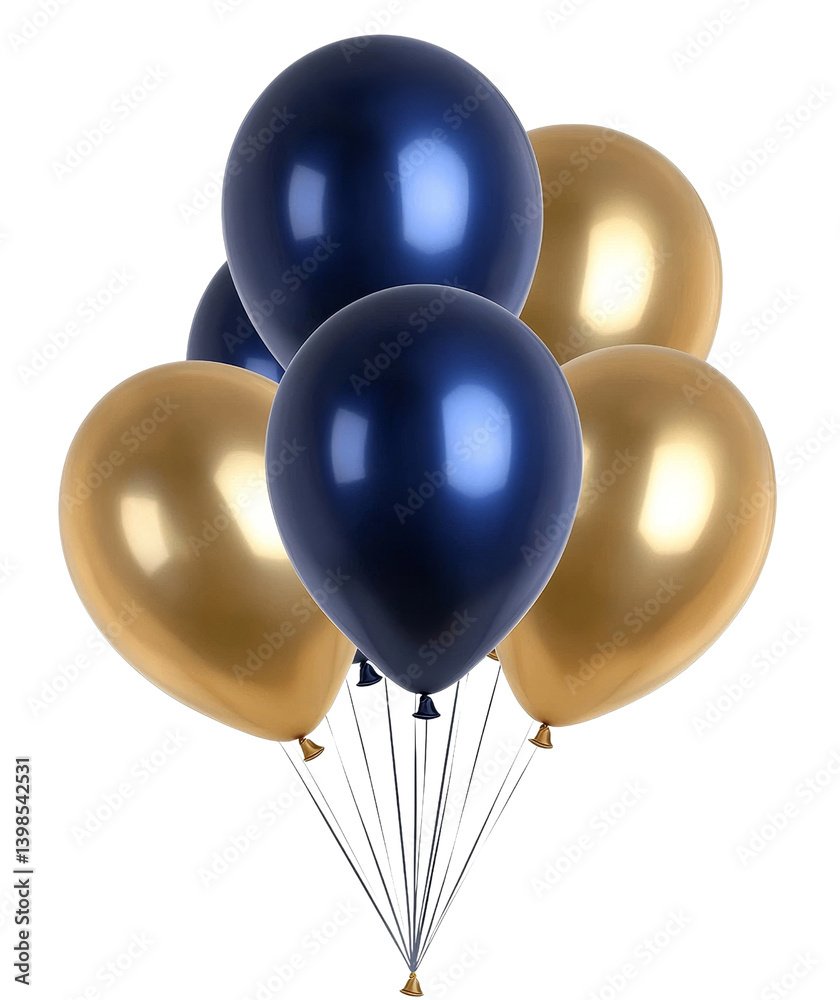 Five Shiny Balloons Bunch, Gold and Navy Blue, Isolated on Transparent Background, 3D Render, Party Decor, balloons, party, celebration