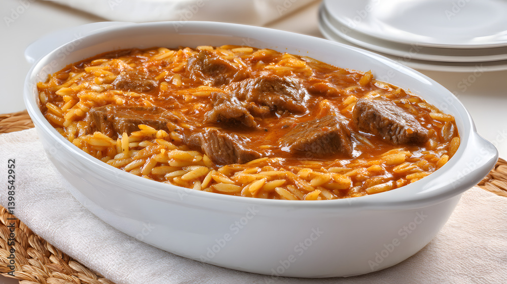 Delicious Greek Beef Stew with Orzo and Tender Meat in a White Dish Ready for Serving Delicious Greek Beef Stew with Orzo and Tender Meat in a White Dish Ready for Serving