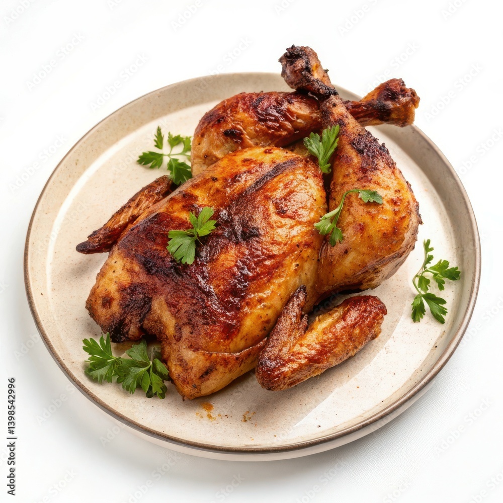 Roasted chicken crispy skin juicy meat garnished with parsley on a Roasted chicken crispy skin juicy meat garnished with parsley on a