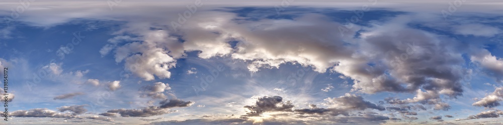 blue sky hdri 360 panorama with clouds before sunset with zenith for use in 3d graphics as sky dome or edit drone shot as sky replacement