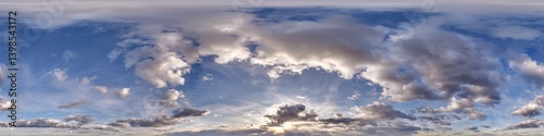 blue sky hdri 360 panorama with clouds before sunset with zenith for use in 3d graphics as sky dome or edit drone shot as sky replacement