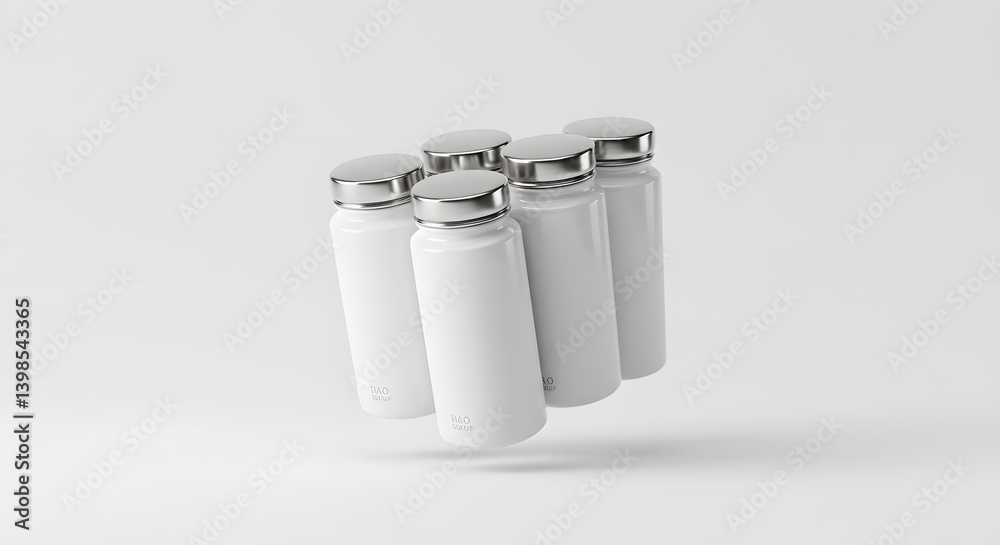 Five Sleek White Water Bottles with Silver Lids, Floating in Studio Setting against White Background, Product Photography Mockup, Branding and Advertising Five Sleek White Water Bottles with Silver Lids, Floating in Studio Setting against White Background, Product Photography Mockup, Branding and Advertising