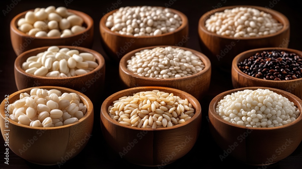 Different varieties of seeds and grains displayed in wooden bowls on a dark surface for culinary exploration and nutrition Different varieties of seeds and grains displayed in wooden bowls on a dark surface for culinary exploration and nutrition